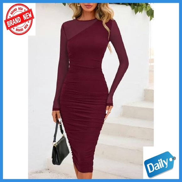 Long Sleeve Mesh Bodycon Dress Mock Neck Ruched Cocktail Party - Picture 4 of 8